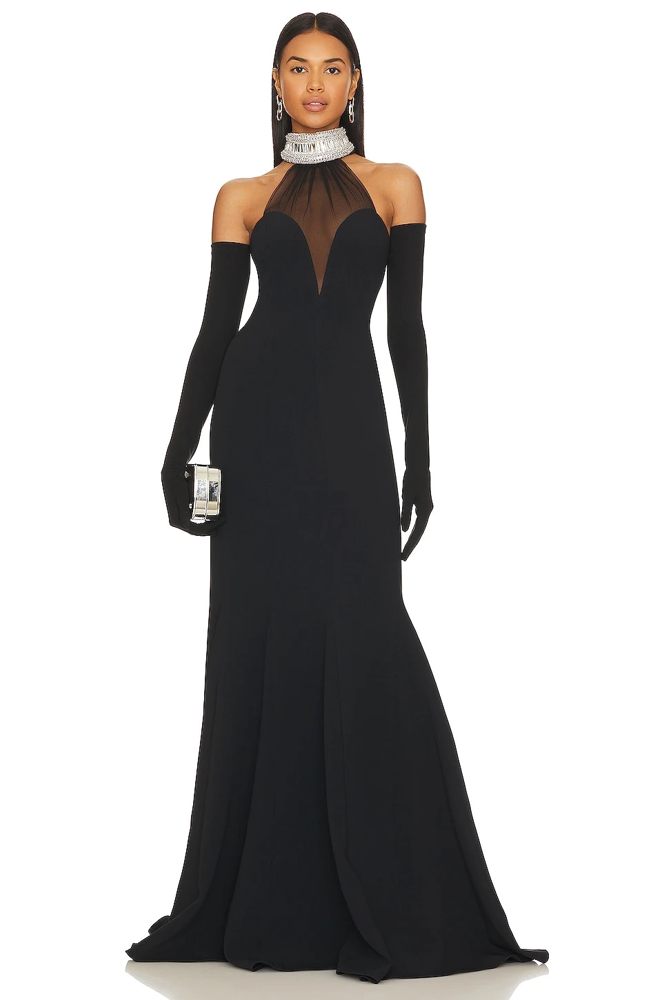 Crystal Halter Gown With Gloves Black