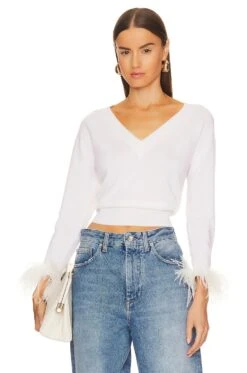 MILLY Feather Cuff V Neck Sweater Ecru